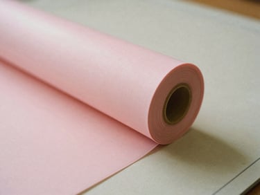 Close-up of a roll of matte blush pink vinyl being unrolled onto a light taupe cutting mat, soft diffused daylight, shallow depth of field, 35mm