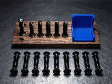 Flat-lay knolling photography of custom black anodized screws, a walnut mounting plate, and a 3D-printed bracket neatly arranged on a dark steel surface.