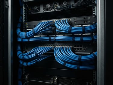 Immaculate server rack with perfectly dressed blue patch cables, organized with zero-tolerance precision, moody directional studio light, matte silver and charcoal tones.