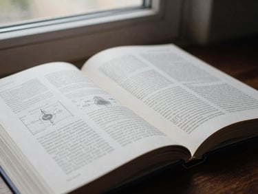 Open academic textbook with complex diagrams and elegant typography, soft window light, rich paper texture, deep navy tones, shallow depth of field, 35mm