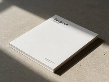 Cinematic, side-lit close-up of premium corporate stationery on a textured oat surface, sharp architectural shadows, minimalist layout.