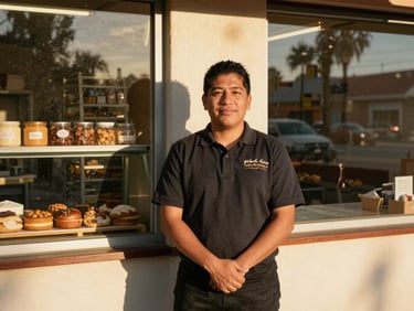 Warm editorial photography of a Hispanic business owner standing proudly in front of her local California bakery, golden-hour sunlight casting long shadows, 35mm lens, medium environmental shot.