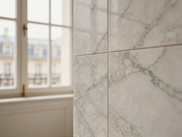 Detailed shot of precise marble tiling layout with fine dark joints, luxury finish, natural window light