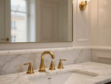 Close-up of a luxury bathroom counter with white marble, integrated brass faucet, clean architectural lines, soft warm lighting