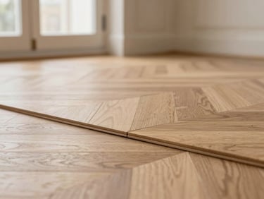 Macro close-up of a master artisan laying elegant solid oak herringbone parquet, clean joints, soft side lighting