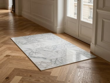 High-contrast close-up of a seamless transition between traditional oak chevron parquet and custom marble tiles in a Parisian hallway, soft side lighting, architectural detail