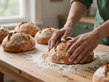 Hands dusting flour over freshly baked rustic sourdough bread on a wooden counter, warm bakery glow, shallow depth of field, 35mm