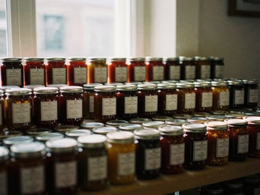 Cozy Scandinavian-style market interior with neatly arranged rows of gourmet jars, natural window light, soft shadows, editorial layout, 35mm