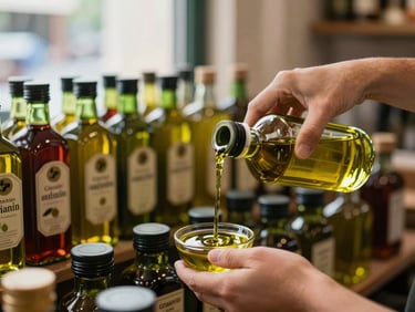 Close-up of hands pouring golden olive oil at a specialty market stall, warm rustic lighting, rich green tones, 35mm