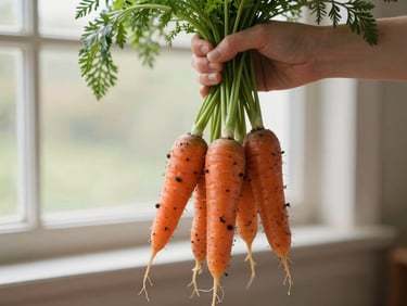 Hands holding freshly harvested organic carrots with green tops, soil clinging to roots, soft morning light
