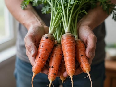 Close-up of farmer's hands holding freshly harvested organic carrots with soil still on them, soft diffused daylight, rich red and green tones, 35mm