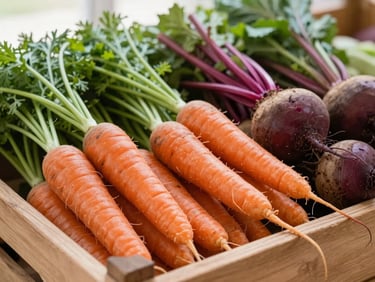 Close-up of vibrant heirloom carrots and earthy beets in a wooden crate at a morning market, soft natural side-light, 35mm
