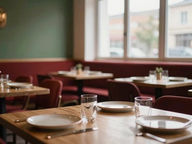 Cozy Scandinavian-style restaurant dining room, warm interior glow, tables set with ceramic plates, soft natural window light