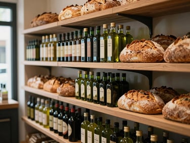 Modern food market interior, artisanal olive oils and fresh bread arranged on wooden shelves, diffused side-lighting