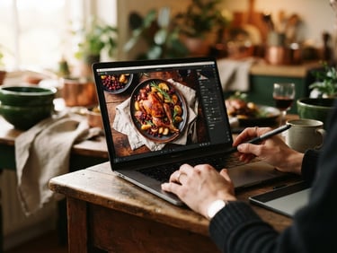 Close-up of hands editing food photography on a laptop screen, warm ambient lighting, 35mm shallow depth of field, rich crimson and forest green tones