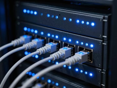 Macro shot of organized fiber optic patch panels, electric blue LED indicators glowing in a dark server room, high contrast.