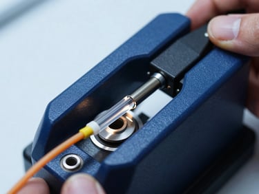 Close-up of a technician using a high-precision fiber optic fusion splicer, focused technical lighting, glass fibers glowing subtly.