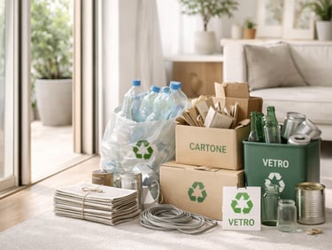 Pile di materiali da smaltire in casa tra cui cartone, carta, bottiglie PET, vetro e lattine in un soggiorno