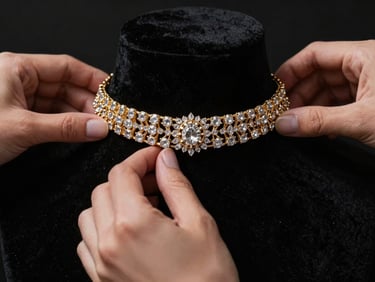 Hands carefully placing an elaborate gold and diamond bridal choker on a black velvet bust, dramatic side studio lighting, deep shadows, luxurious atmosphere
