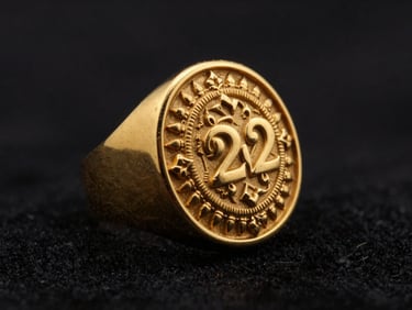 Macro studio shot of a heavy 22k gold signet ring with traditional Indian carvings, deep shadows, dramatic lighting