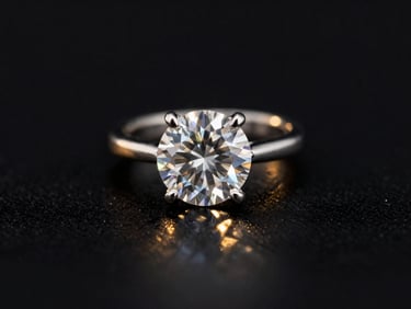 Macro photography of a flawless diamond ring catching sharp directional light, brilliant reflections, deep obsidian background, dramatic high-contrast studio setting