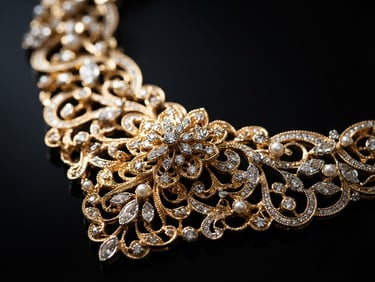 Extreme macro close-up of an intricate gold bridal necklace catching sharp directional studio light, deep obsidian background, gold reflections gleaming, shallow depth of field, 85mm lens