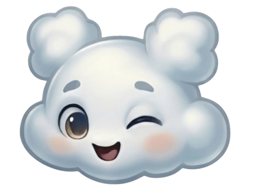 A cute white cloud character emoji winking with a happy smile and rosy cheeks on a black background.