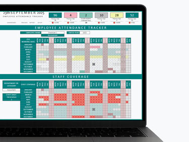 Employee attendance and leave tracker spreadsheet dashboard on a laptop
