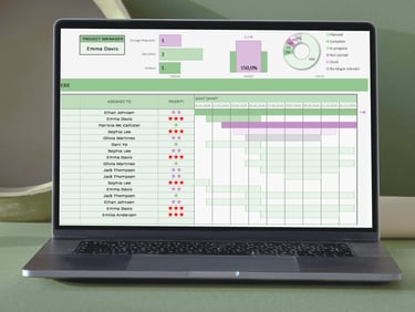 Project budget and task tracking spreadsheet shown on a laptop