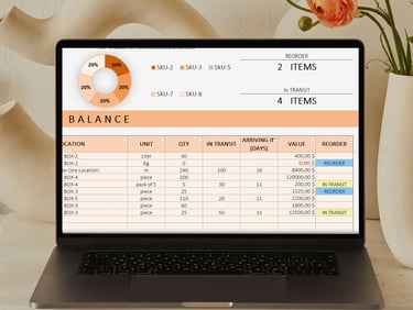 Warehouse inventory tracker spreadsheet with stock balance and reorder information