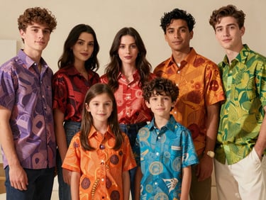 Vibrant editorial fashion photography of a family group wearing matching but individually customized colorful patterned shirts at a reunion, warm studio lighting.