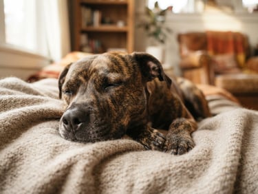 Eye-level close-up of a calm brindle dog resting its chin on a soft blanket in a warm, sunlit living room, shallow depth of field.