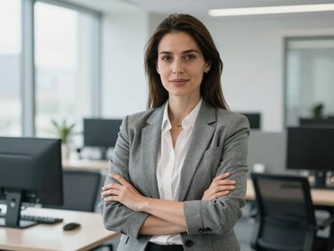Professional portrait of a confident female IT director in a modern tech office, natural daylight, crisp corporate environment, professional cool tones.