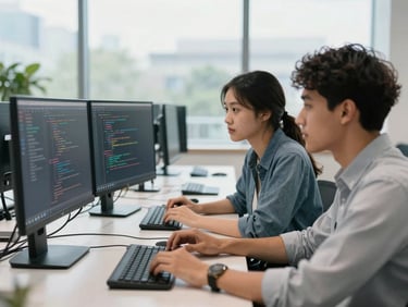 Two diverse students actively coding on a shared screen in a bright, modern tech hub, natural daylight, professional cool tones, shallow depth of field.