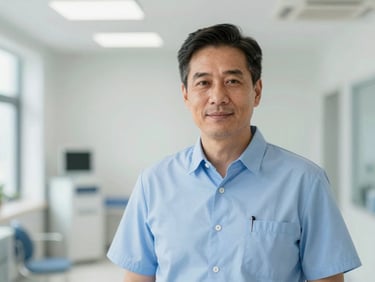 Professional portrait of a distinguished male healthcare executive in a clean medical facility, natural daylight, crisp corporate environment, professional cool tones.