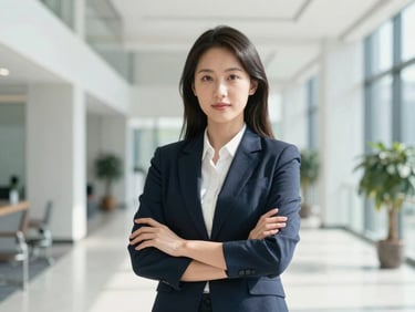 Professional portrait of a dynamic female business development manager in a sleek corporate lobby, natural daylight, crisp corporate environment, professional cool tones.