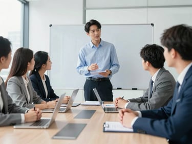 Professional students engaged in a business strategy session, presenting ideas in a modern corporate meeting room.