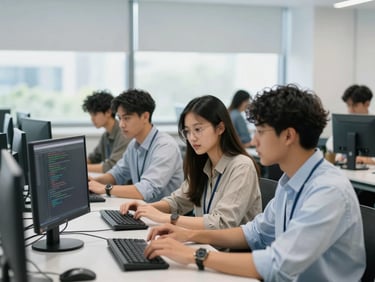 Diverse students collaborating on a coding project in a modern tech lab, bright natural light, professional cool tones.