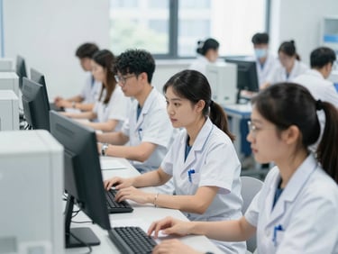 Students in a simulated clinical environment, practicing healthcare management tasks with modern equipment.