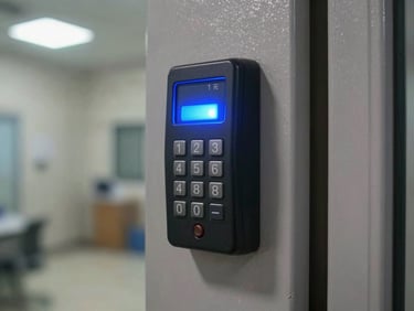 Close-up of an access control keypad reader mounted on a metal doorframe at a commercial facility entrance, indicator LED glowing electric blue, worn paint on the doorframe edge, ambient corridor lighting from above, no people present