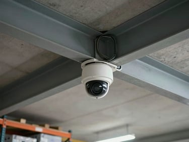 High-angle view of a warehouse ceiling corner showing a dome camera housing mounted at the junction of two structural beams, mixed overhead industrial lighting casting soft shadows on the concrete floor below, cables routed along the beam, no people, operational clutter of shelving visible in the background
