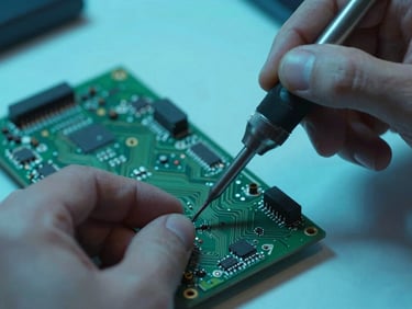 Dynamic close-up of hands soldering a green circuit board, vibrant aqua blue ambient lighting casting shadows, shallow depth of field, 35mm lens.