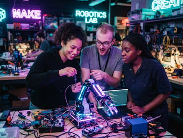 Dynamic documentary close-up of young adults collaborating over a glowing robotics project in a vibrant makerspace, ambient neon purple and aqua lighting, 35mm lens.