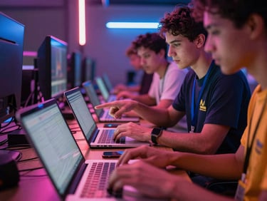Adults typing on laptops with a volunteer mentor pointing at the screen, colorful neon casting from equipment, dynamic documentary photography.