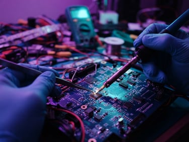 Dynamic close-up of hands-on electronics work under vibrant purple and aqua ambient light, shallow depth of field, 35mm lens.
