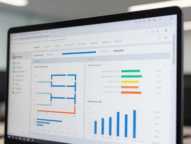 Macro close-up shot of a clean CRM dashboard on a high-resolution screen, showing data pipelines and analytics charts in sharp focus, cool bright office lighting.