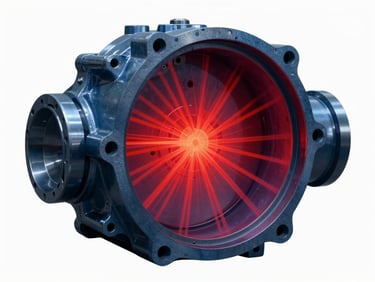 ANSYS FEA stress concentration heatmap of a heavy-duty tractor gearbox casing, glowing red stress vectors on dark blue-gray steel, high-contrast technical visualization.
