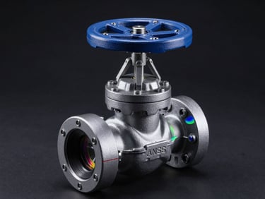 Isometric CAD assembly of a heavy-duty industrial ball valve with ANSYS stress-concentration heatmaps, cool-toned high-contrast studio lighting, dark background