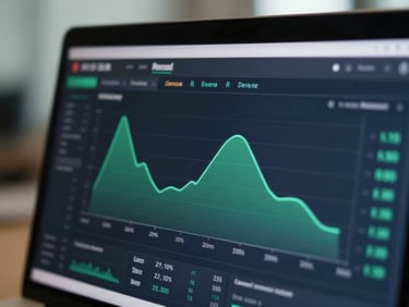 Macro shot of a real-time analytics dashboard showing scaling revenue metrics with a shallow depth of field, cool natural office light, deep navy and emerald tones.