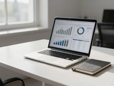 Wide shot of a clean, minimalist corporate workspace with a laptop displaying clean financial graphs, slate grey notebook, natural morning light from a side window.